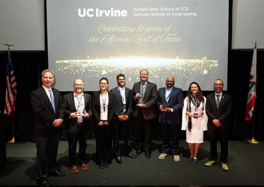 Deans and Hall of Fame inductees celebrated the 10th annual event at the Beckman Center on May 2, 2025. Pictured from left: Information and Computer Sciences Dean Marios Papaefthymiou, Kenneth M. Anderson, Arezoo Ardekani, Punit Niranjan Shah, Kenneth Grier, Jagannathan Thinakaran, Shelly Peyton and Engineering Dean Magnus Egerstedt. 