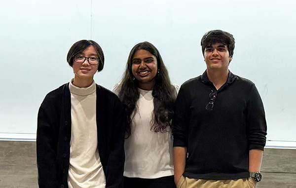 From left, Ashley Roselynn Vincent, Jayla Kwong and Sahil Kulkarni won third place and $100 for their device, the Inferno Helmet. From left, Ashley Roselynn Vincent, Jayla Kwong and Sahil Kulkarni won third place and $100 for their device, the Inferno Helmet.