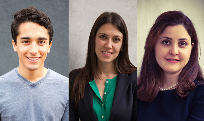 Norman (left), De Bortoli and Sameni are among this year's Public Impact Fellows, recognized for the potential of their research to improve lives. Norman (left), De Bortoli and Sameni are among this year's Public Impact Fellows, recognized for the potential of their research to improve lives.