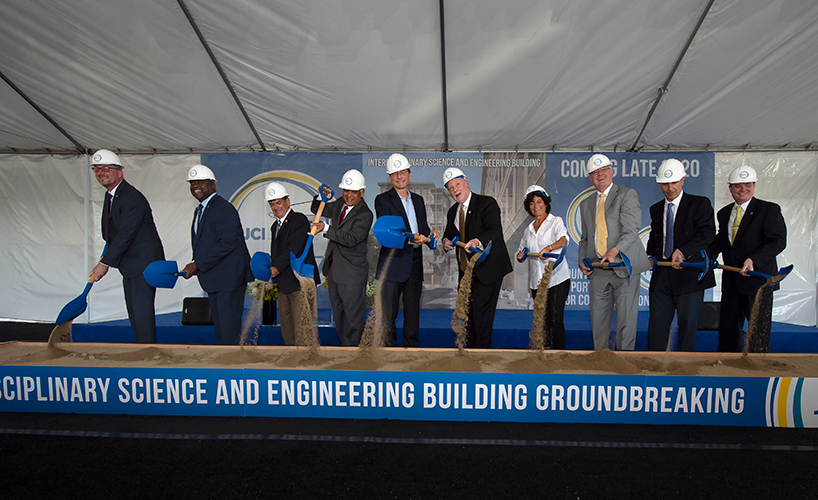 Digging in at the groundbreaking ceremony are, from left: Brian Pratt, Greg Washington, Enrique Lavernia, Pramod Khargonekar, Henry Samueli, Howard Gillman, Meredith Michaels, Ken Janda, Marios Papaefthymiou and Brian Hervey. Photo: Steve Zylius. Digging in at the groundbreaking ceremony are, from left: Brian Pratt, Greg Washington, Enrique Lavernia, Pramod Khargonekar, Henry Samueli, Chancellor Howard Gillman, Meredith Michaels, Ken Janda, Marios Papaefthymiou and Brian Hervey.