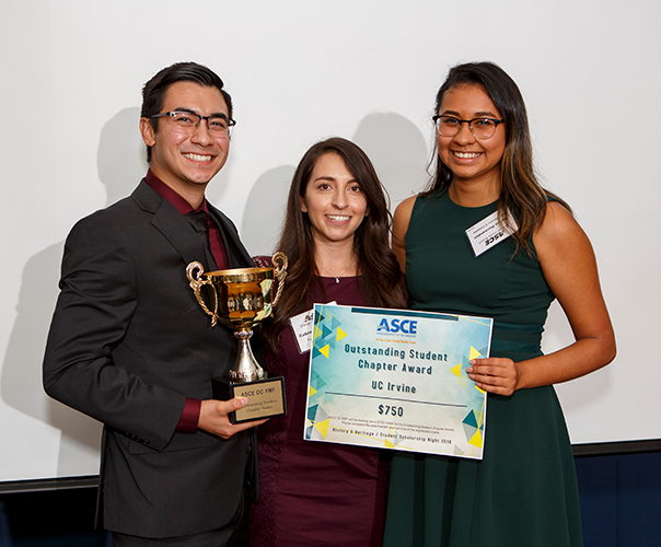 UCI civil engineering undergraduates Raul Rodriguez (left) and Darlyn Hernandez (right) flank engineer Gabreelle Gonzalez after winning the Outstanding Student Chapter award at the ASCE History and Heritage/Student Scholarship Night.