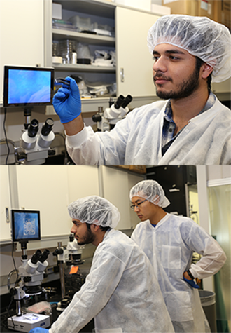 Top: Mechanical and aerospace engineering graduate student Daryosh Vatanparvar holds a 2D gyroscope prototype made from fused quartz. Bottom: Vatanparvar and fellow graduate student Yusheng Wang examine the prototype under a microscope. Top: Mechanical and aerospace engineering graduate student Daryosh Vatanparvar holds a 2D gyroscope prototype made from fused quartz. Bottom: Vatanparvar and fellow graduate student Yusheng Wang examine the prototype under a microscope.