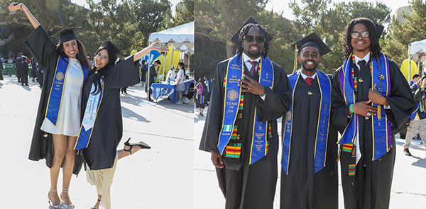 Graduates celebrate together outside of the Bren Event Center to congratulate each other on their accomplishments.