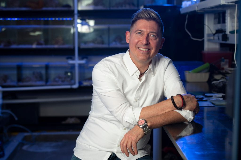 David Kisailus, UC Irvine professor of materials science and engineering, was recently involved in a research project to convert human urine to hydroxyapatite, a valuable biomedical implant material. This, he says, solves an environmental problem while creating a substance that can be the basis of an entirely new and lucrative industrial sector. Steve Zylius / UC Irvine