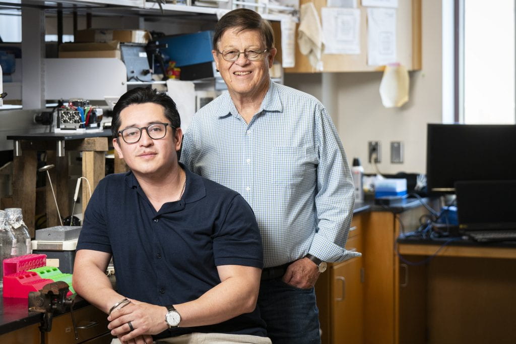 “By supplementing the brain’s energy systems with compounds that are already available as dietary supplements, we may have a new path toward treating age-related cognitive decline and Alzheimer’s disease,” says the study’s lead author, Gregory Brewer (right), UC Irvine adjunct professor of biomedical engineering, shown with collaborator Ricardo Santana, a UC Irvine associate specialist in biomedical engineering. Steve Zylius / UC Irvine