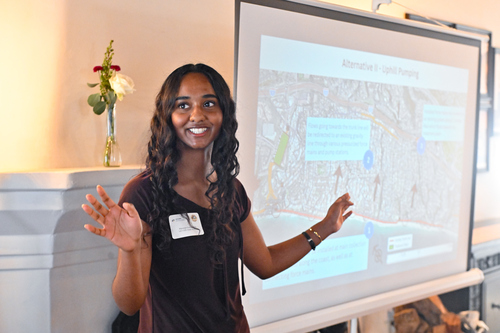 UCI graduate student Manulya Gunasekera presents her proposal to San Clemente city officials at Casa Romantica Cultural Center and Gardens.