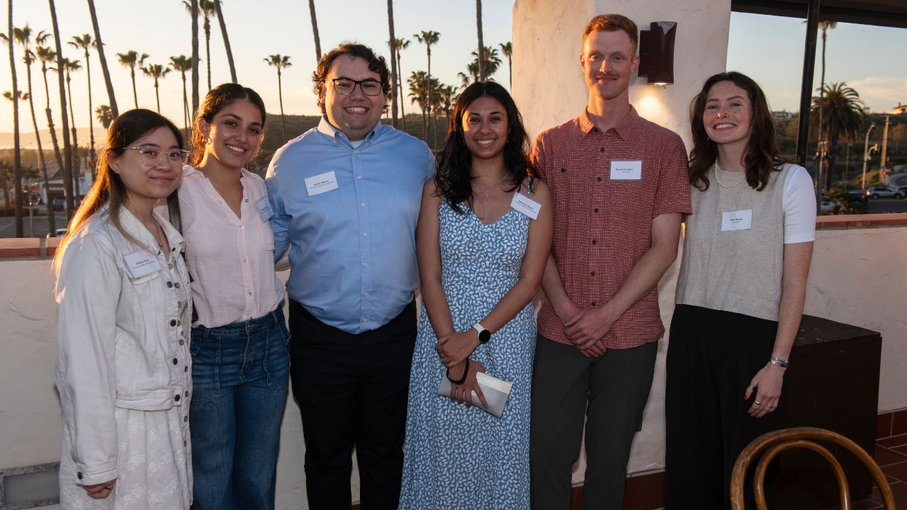 From left: UCI graduate students Kristine Phan, Gianna Rotellini, Jacob Samson, Samantha Moore, Connor Broaddus and Tess Hachey at the event. (Steve Zylius/UCI)