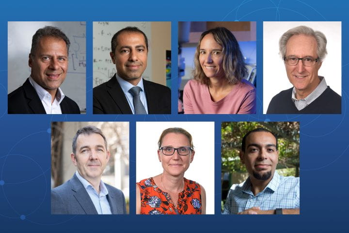 UC Irvine’s new AAAS Fellows are (clockwise from top left) Payam Heydari, Chancellor’s Professor and Henry Samueli Faculty Excellence Professor of Electrical Engineering and Computer Science; Amir AghaKouchak, Chancellor’s Professor of civil and environmental engineering; Ann Marie Carlton, professor and vice chair of chemistry; Andrew Lankford, Distinguished Professor Emeritus of physics and astronomy; Michael Yassa, professor of neurobiology and behavior and James L. McGaugh Chair in the Neurobiology of Learning and Memory; Elizabeth Jarvo, Chancellor’s Professor of chemistry; and Geoffrey Abbott, professor and interim chair of physiology and biophysics. UC Irvine
