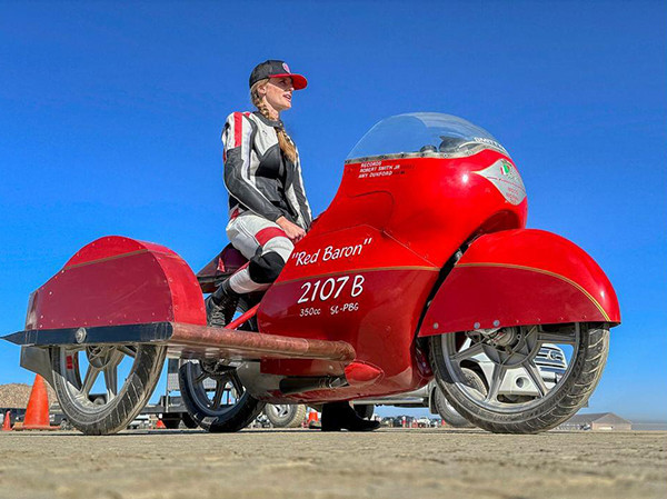 Samueli School alumnae Amy Dunford races the Red Baron, a supercharged 1985 motorcycle, pictured here with additional sidecar added to qualify for new records.