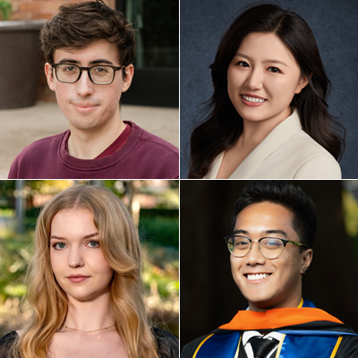 The 2024-25 UCI-LANL-SoCalHub Graduate Research Fellows are, clockwise from top left, Arthur Feeney, Shu Li, Ezra Sarmiento and Anthea Segger.