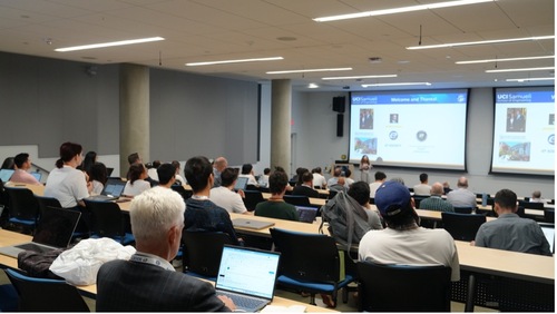 Athina Markopoulou speaks to participants in the Engineering + Society on AI Symposium