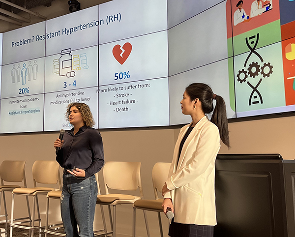 2.	BioLoop team lead Sara Marmarchinia (pictured left) and Xinlei Chen pitch a blood pressure monitor that uses electrical nerve stimulation to control fluctuations.