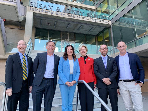 Dignitaries in attendance at a coastal solutions meeting held at UCI on Dec. 21 included, from left to right, John Gould, dean of UCI’s School of Social Ecology; Senator Josh Newman of California’s 29th Senate District; Assemblywoman Cottie Petrie-Norris of the 73rd Assembly District; Assemblywoman Diane Dixon of the 72nd Assembly District; Dean of Engineering Magnus Egerstedt; and Brett Sanders, UCI professor of civil and environmental engineering. Brian Bell / UCI