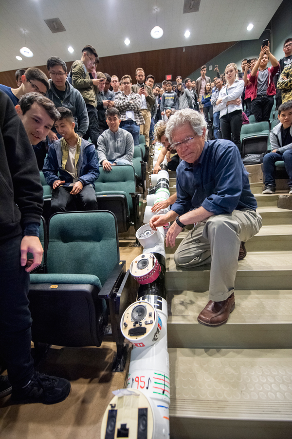 Derek Dunn-Rankin connects students’ modular units in the musical stack design challenge, the mechanical engineering design/senior project course assignment in 2019.