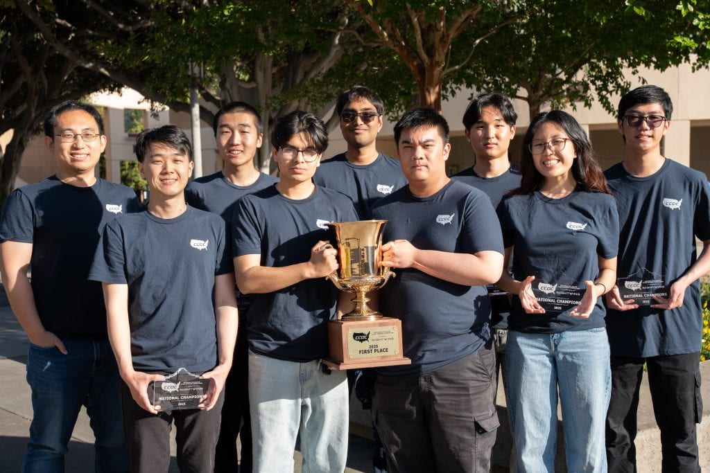 Coached and advised by Alfred Chen (top left), professor of computer science, the winning UC Irvine team comprised (from left) Eric Liu, Andy Gu, Akshay Rohatgi, Dhruv Kandula, Steven Ngo, Jacob Lee, Kristen Chung and Christopher Young. Harrison Lin / UC Irvine