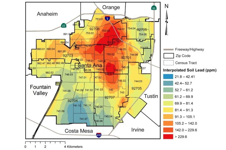 For Phase 1 of the EPA’s Environmental Justice Video Challenge for Students, UCI team members created maps pinpointing soil lead contamination hot spots in Santa Ana; the red areas above show where the dirt contains unhealthy levels of the metal. Following Phase 2 of the competition, UCI students and community activists are partnering in a project to use plants and fungus to remove lead from affected locations. Shahir Masri / UCI