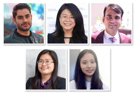 Pictured, clockwise from top left, are Samueli School graduate students Amir-Salar Esteki, Joanne Ly, Snehan Peshin, Nhi Quach, and Hong Wei.  