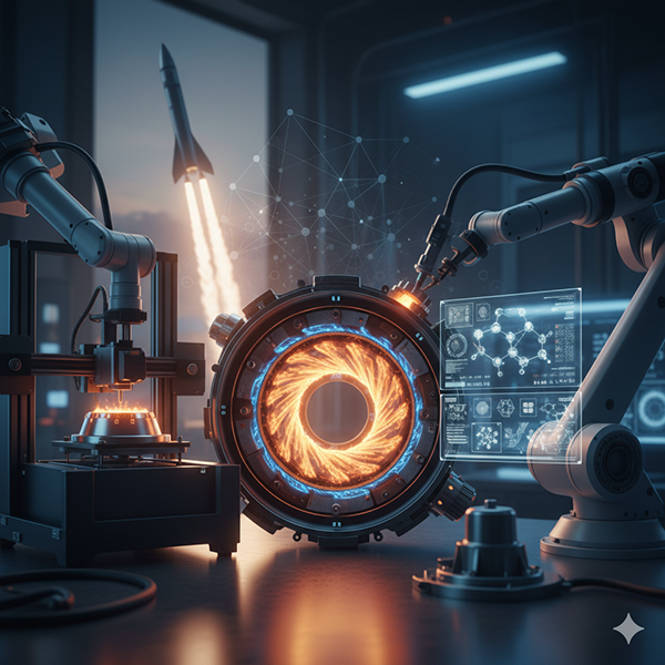 An AI-generated rendition of a rotating detonation engine being developed in a scientific laboratory