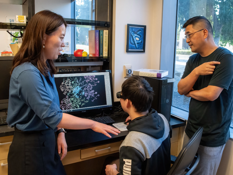 Han Li, PhD (left), and Feng Qiao, PhD (right), work with a graduate student researcher to inspect an atomic-resolution X-ray crystal structure that deciphers the enzyme’s “secret code” for utilizing NMN+, a more economical fuel that drives the tiny molecular machine.