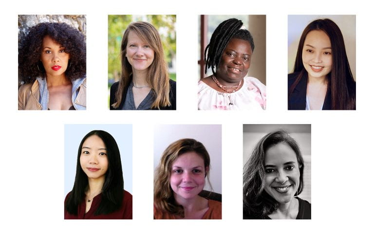 UCI’s 2022-23 Hellman Fellows, from upper left, clockwise: Ariyan Johnson, Katherine Thompson-Peer, Benis Egoh, Xiaoyu Shi, Yanning Shen, Nadia Chernyak and Samar Al-Bulushi.