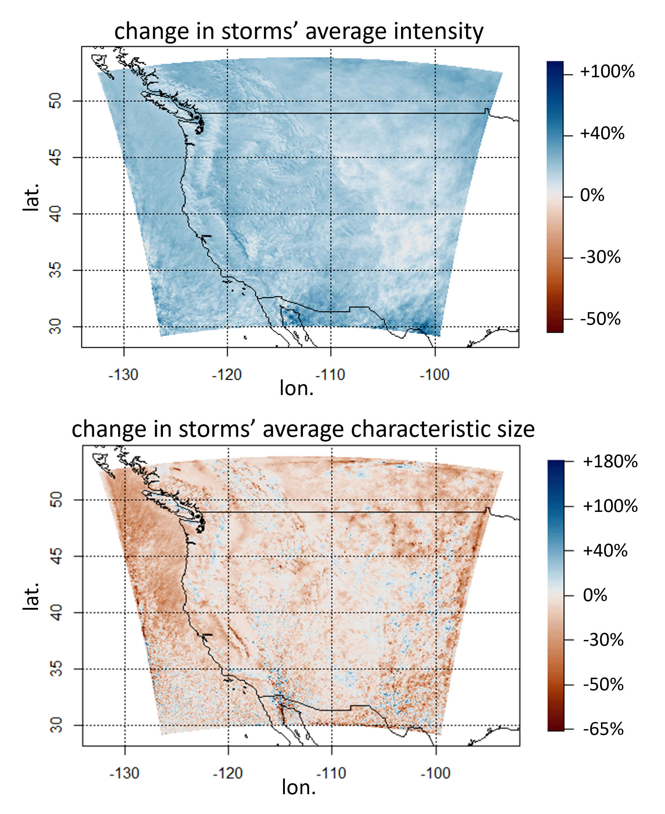  Maps showing the rate of change for storm average precipitation intensity and average storm size between the 1981-2020 period and the 2041-2080 period in Western U.S. and Canada. 