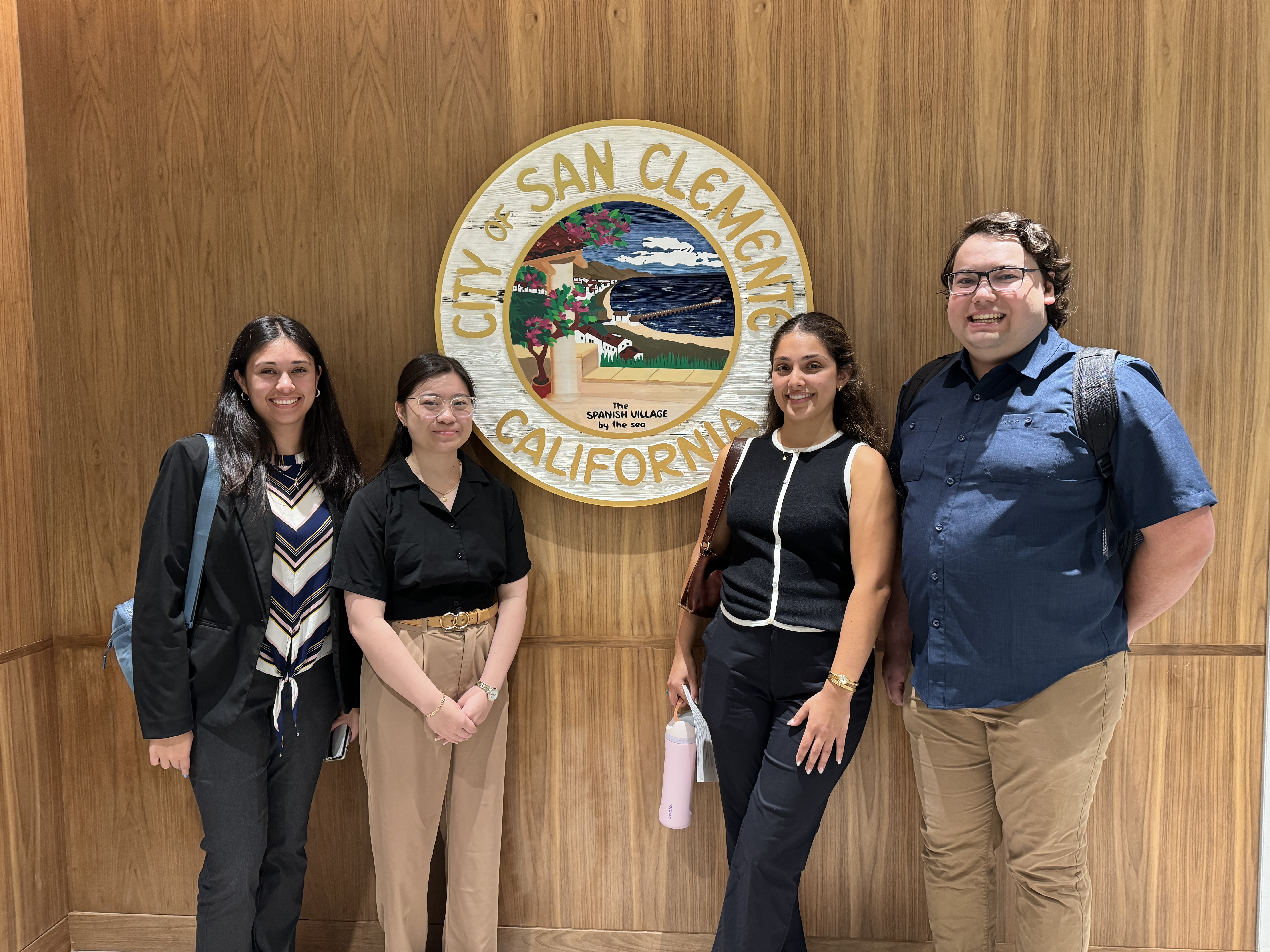 The UCI-San Clemente team from left: Team lead Samantha Moore, Kristine Phan, Gianna Rotellin and Jacob Samson at San Clemente City Hall where they presented ideas to the city’s Coastal Advisory Committee.