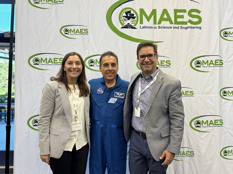 From left: Analía Rao, executive director of the Stacey Nicholas Office of Outreach, Access and Inclusion; former NASA astronaut José Hernández; and UCI professor and chair of the Department of Mechanical and Aerospace Engineering Julián Rímoli. (Photo: Natalie Tso/UCI)