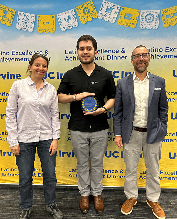 Jesus Alexis Lopez Ochoa (center) poses with his adviser Pofessor Iryna Zenyuk (left) and Samueli School of Engineering Dean Magnus Egerstedt (right) at the Latine Excellence and Achievement Awards Dinner, where Ochoa was awarded a Graduate Student Excellence Award. 