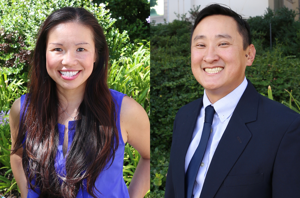 Michelle Khine (left) and Bernard Choi combine their technologies to create the maternal obstetrics monitoring sock, a low-cost, point-of-care system to monitor pregnant women for preeclampsia, anemia and hemorrhage.