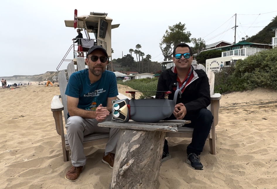 UCI Samueli School of Engineering Dean Magnus Egerstedt and postdoctoral researcher Efraín Méndez with the RaccoonBot at Crystal Cove State Park