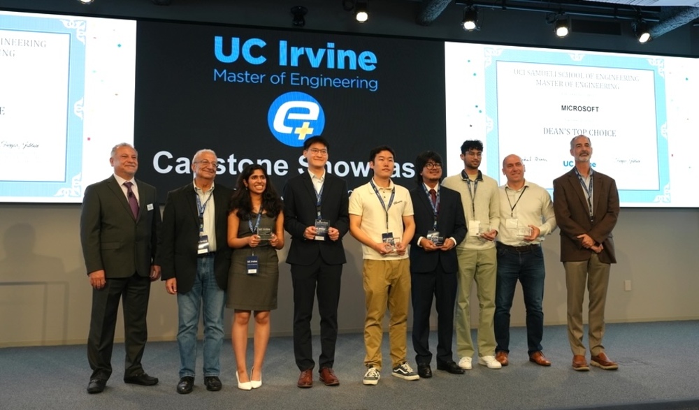 From left: Master of Engineering Faculty Adviser Farzad Ahmadkhanlou; Samueli School of Engineering Interim Dean Faryar Jabbari; Master of Engineering students Ananya Batra, Vincent Kuo, Alonzo Miao, David Maya Morales, and Raghav Gate; Microsoft liaison Joe Tostenrude; and Master of Engineering Program Director Dr. Michael Green.