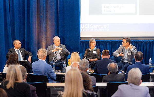 Dean Magnus Egerstedt moderated a panel of faculty experts representing each of the three Engineering+ Institutes. Pictured, from left, are Egerstedt, Kyriacos Athanasiou, Efi Foufoula-Georgiou and Julián Rimoli. 