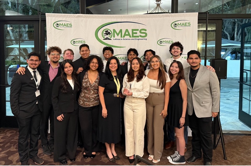 UCI MAES Chapter members with MAES National President Esther Gonzales, celebrating their Chapter Award for excellence in leadership and community impact. 