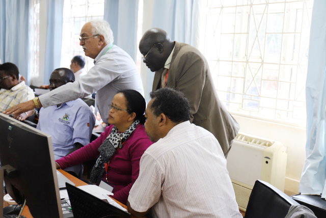 Soroosh Sorooshian, UCI Distinguished Professor of civil & environmental engineering, instructs participants on the capabilities of the UCI-developed Precipitation Estimation From Remotely Sensed Information Using Artificial Neural Networks system at a July workshop in Kampala, Uganda, for East African meteorologists and researchers. UCI