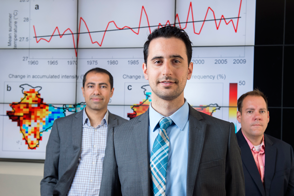 “In addition to India, populations in other developing countries in low- to mid-latitude regions are especially hard hit by these extreme heat events,” says the study’s lead author, Omid Mazdiyasni, here flanked by co-authors Amir AghaKouchak (left) and Steven J. Davis. Steve Zylius / UCI