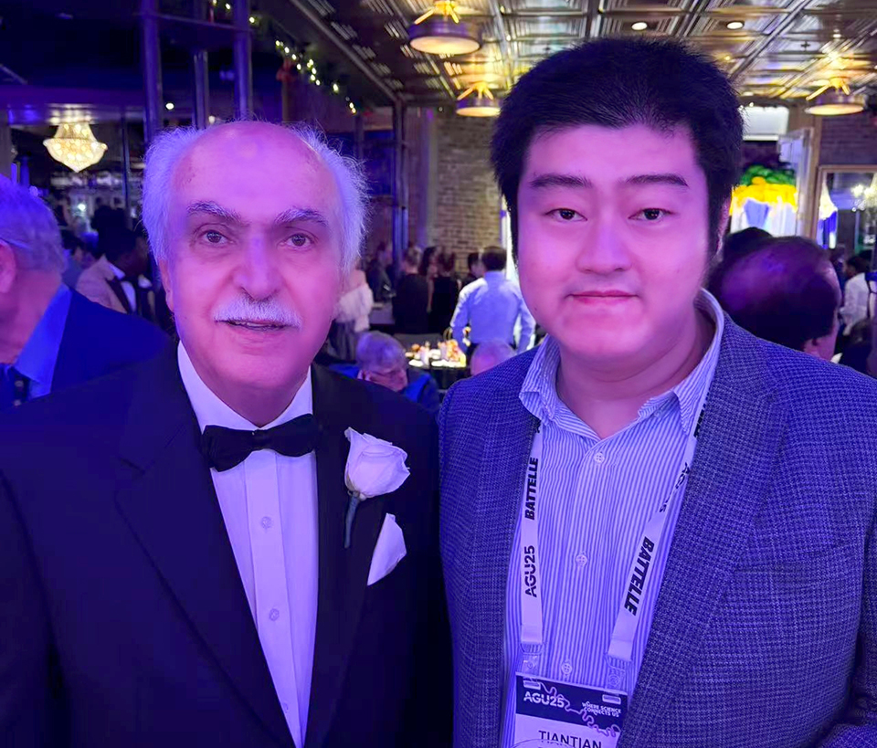 Tiantian Yang (right) with his UCI mentor Distinguished Professor Soroosh Sorooshian (left) at the American Geophysical Union 2025 Honor Ceremony, where Yang was awarded the Hydrologic Sciences Early Career Award.  