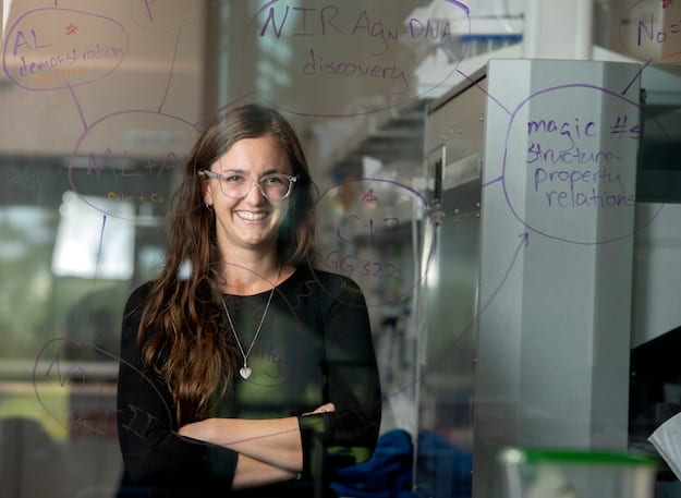 Stacy Copp, UCI assistant professor of materials science and engineering, led a project to find DNA-stabilized silver nanoclusters that emit light at near-infrared wavelengths – a quality that could make them useful in chemical and biological imaging. The work yielded breakthrough results and enabled student researchers in the Copp laboratory to hone their skills as mentors and collaborators. Steve Zylius / UCI