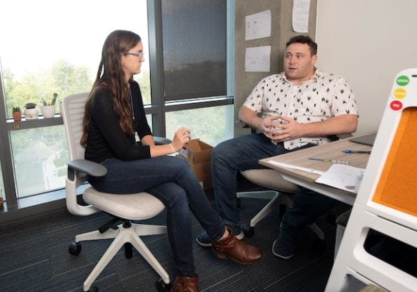 Stacy Copp, UCI assistant professor of materials science and engineering, guided her Ph.D. student Peter Mastracco in a project using machine learning algorithms to predict which DNA-stabilized silver nanoclusters feature near-infrared emission, a characteristic that would make the particles useful in chemical sensing, biosensing and other applications. Steve Zylius / UCI