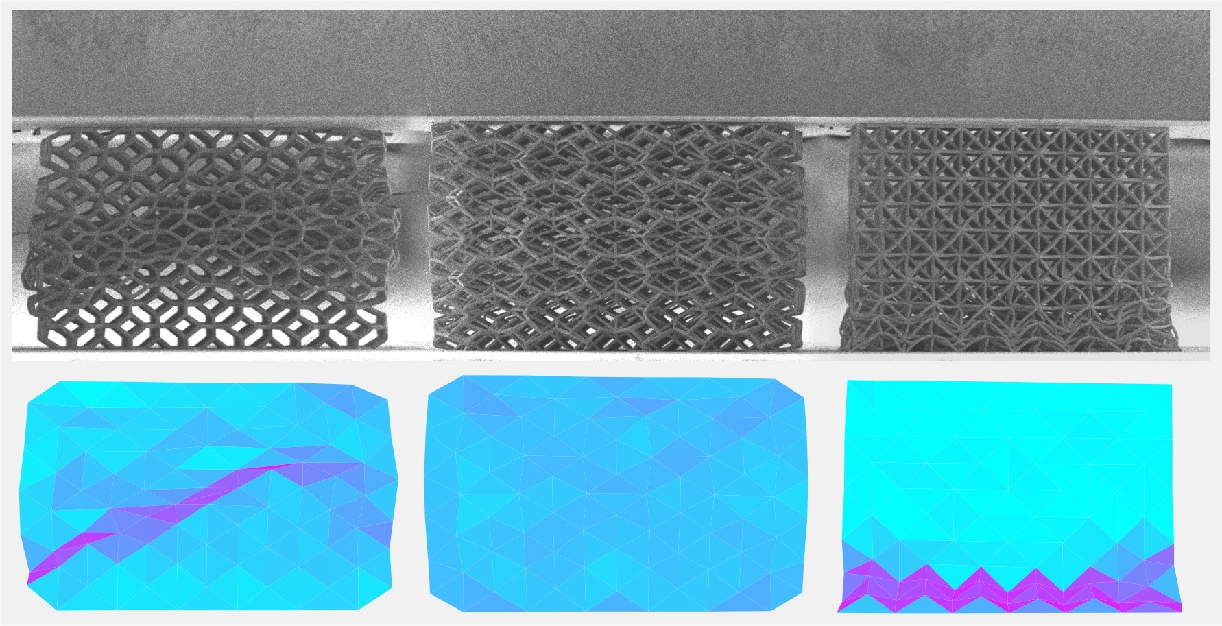 In a comparison with two other state-of-the-art nanoscale structures, the tensegrity lattice created by UCI and Georgia Tech researchers (center) exhibited a 25-fold improvement in deformability and an orders-of-magnitude increase in energy absorption. Jens Bauer and Cameron Crook / UCI